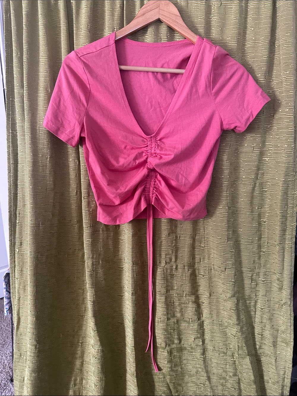 SHEIN Hot Pink Ruched V-Neck Drawstring Crop Top